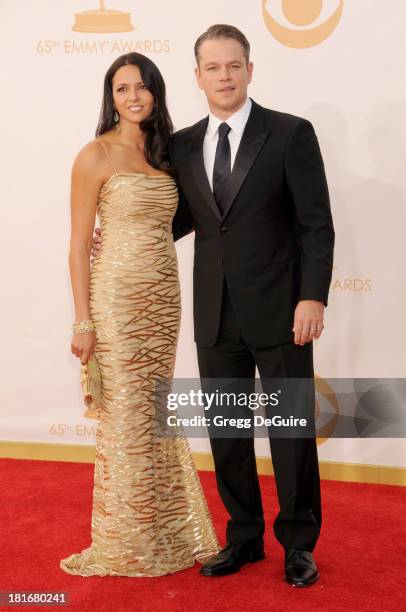 Actor Matt Damon and wife Luciana Damon arrive at the 65th Annual Primetime Emmy Awards at Nokia Theatre L.A. Live on September 22, 2013 in Los...