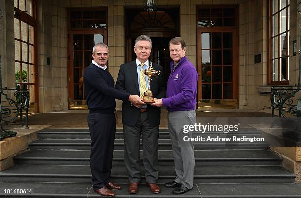 The two Ryder Cup captains Tom Watson and Paul McGinley are pictured with EC Commissioner Karel de Gucht prior to the start of the Captains' Golf...