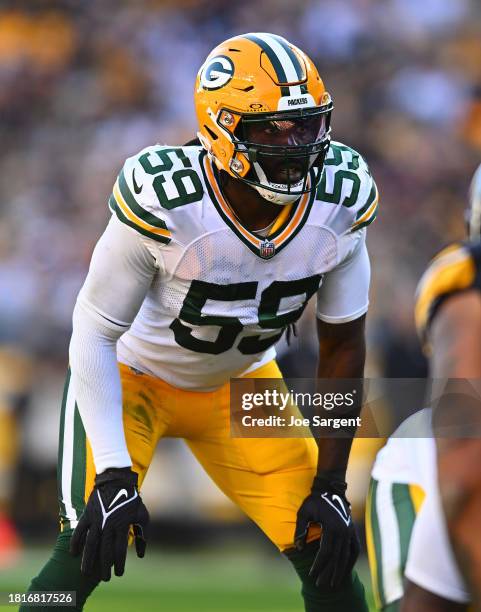 De'Vondre Campbell of the Green Bay Packers in action during the game against the Pittsburgh Steelers at Acrisure Stadium on November 12, 2023 in...