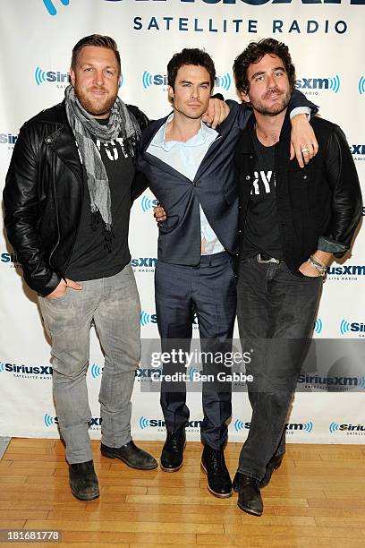 David Darg, Ian Somerhalder and Bryn Mooser pose at SiriusXM Studios on September 23, 2013 in New York City.