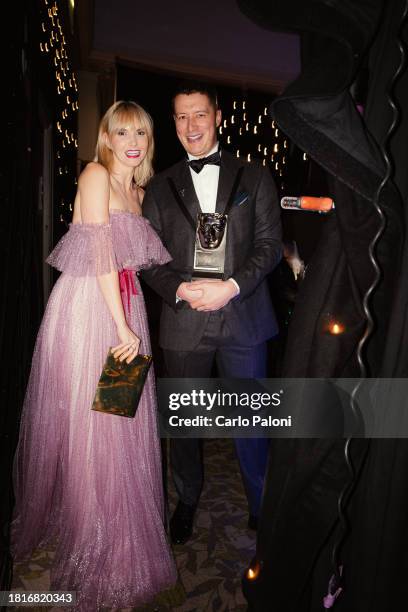 Joanna Vanderham and Lorne Macfadyen backstage during the 2023 BAFTA Scotland Awards held at the DoubleTree by Hilton Glasgow Central on November 19,...