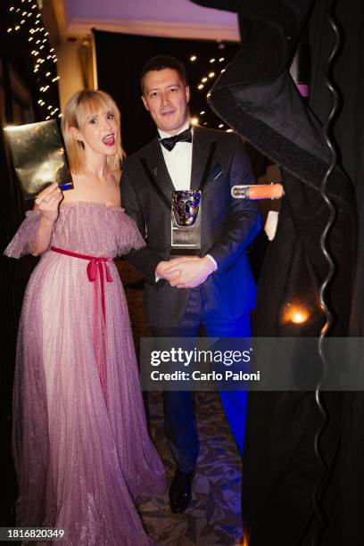 Joanna Vanderham and Lorne Macfadyen backstage during the 2023 BAFTA Scotland Awards held at the DoubleTree by Hilton Glasgow Central on November 19,...