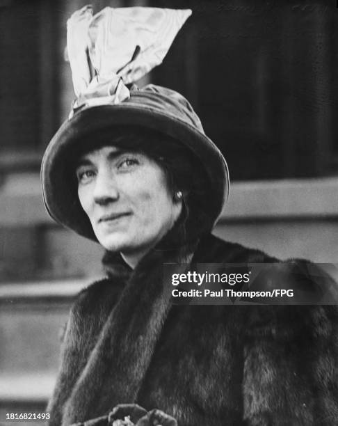 Mary Emelda Curley, wearing a cloche hat and a fur coat, in Boston, Massachusetts, circa 1914. Curley is the wife of Mayor of Boston James Michael...