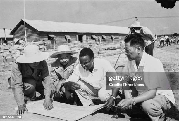 Chinese man around an African man as he inspects a plan on a construction site, a man in the background uses a theodolite, with construction workers...