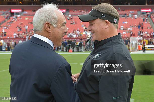 Owner Jeffrey Lurie of the Philadelphia Eagles and head coach Chip Kelly shake hands before the game at FedEx Field on September 9, 2013 in Landover,...