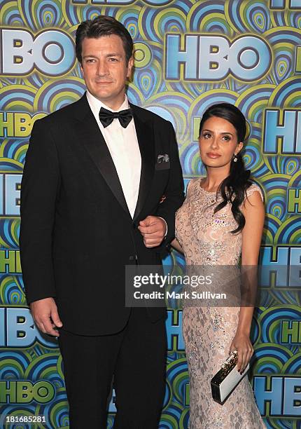 Actors Nathan Fillion and Mikaela Hoover attend HBO's Post Emmy Awards party at Pacific Design Center on September 22, 2013 in West Hollywood,...