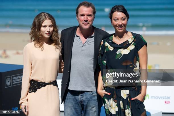 Nora von Waldstatten, Sebastian Koch and Ursula Strauss attend 'Oktober/November' photocall during 61st San Sebastian Film Festival on September 23,...