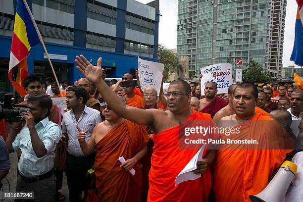 Monks from the Bodu Bala Sena protest outside the Indian High Commission to protest an attack on the Buddagaya temple in India in Colombo,Sri Lanka,...