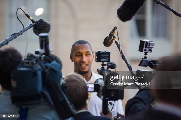 French basketball player Boris Diaw is interviewed at the Elysee presidential palace on September 23, 2013 in Paris, France. France won the 2013...