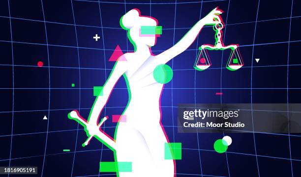 themis with sword and scales in cyberspace vector illustration - lady justice technology stock illustrations