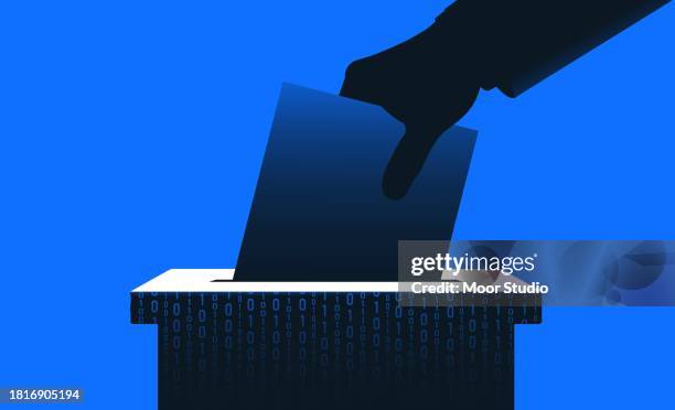 hand putting ballot paper in a box with binary code vector illustration - voting stock illustrations