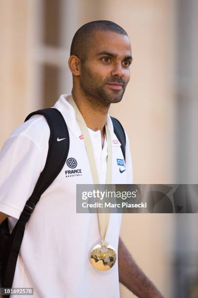 French basketball player Tony Parker leaves the Elysee presidential palace on September 23, 2013 in Paris, France. France won the 2013 EuroBasket...