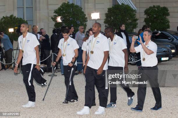 The French basketball team arrives at the Elysee presidential palace on September 23, 2013 in Paris, France. France won the 2013 EuroBasket...