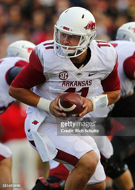 Quarterback AJ Derby of the Arkansas Razorbacks looks to hand off against the Rutgers Scarlet Knights during the first half in a game at High Point...