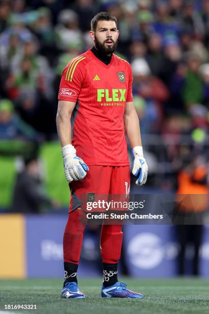 Los Angeles FC goalkeeper Maxime Crépeau looks on against the Seattle Sounders at Lumen Field on November 26, 2023 in Seattle, Washington.