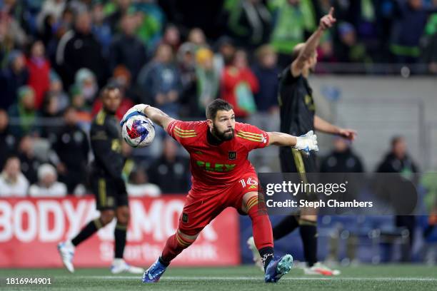 Los Angeles FC goalkeeper Maxime Crépeau passes the ball against the Seattle Sounders at Lumen Field on November 26, 2023 in Seattle, Washington.