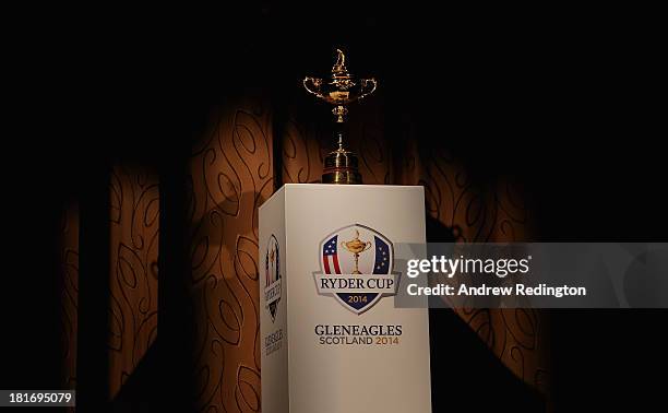 General view of the Ryder Cup trophy on a branded plinth during a VIP dinner at Gleneagles on September 23, 2013 in Auchterarder, Scotland.