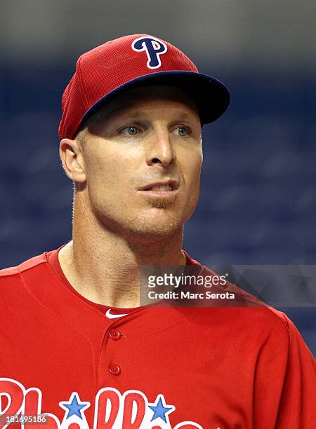 Pete Orr of the Philadelphia Phillies takes batting practice prior to playing against the Miami Marlins at Marlins Park on September 23, 2013 in...