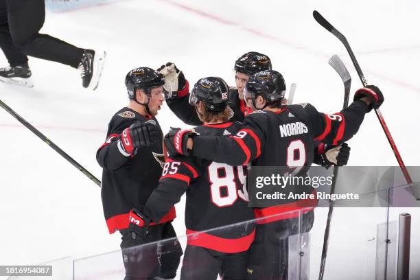 Jake Sanderson of the Ottawa Senators celebrates a first period goal against the Detroit Red Wings in the 2023 NHL Global Series at Avicii Arena on...