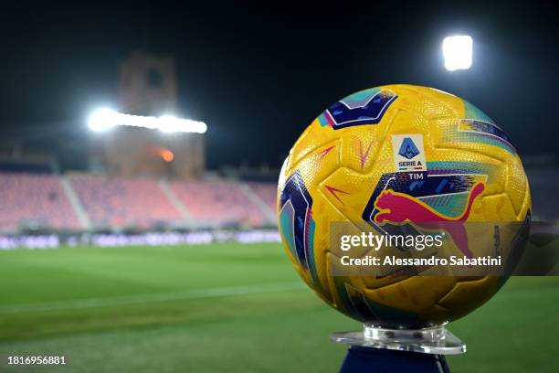 Detailed view of a Puma Serie A Match Ball on a plinth on the inside of the stadium prior to the Serie A TIM match between Bologna FC and Torino FC...