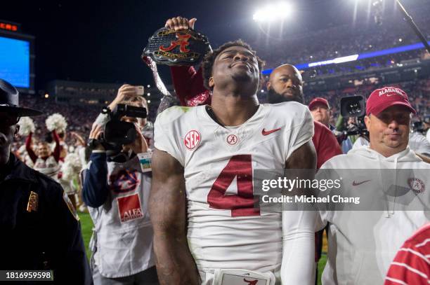 Quarterback Jalen Milroe of the Alabama Crimson Tide after defeating the Auburn Tigers at Jordan-Hare Stadium on November 25, 2023 in Auburn, Alabama.