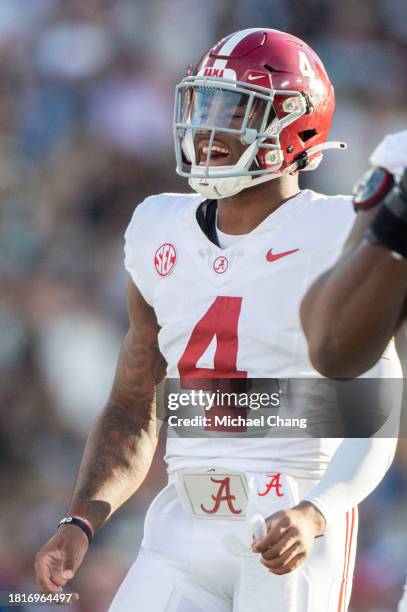 Quarterback Jalen Milroe of the Alabama Crimson Tide during their game against the Auburn Tigers at Jordan-Hare Stadium on November 25, 2023 in...