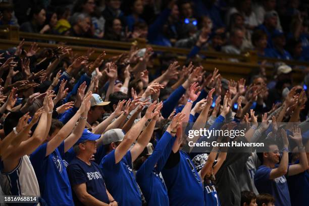 Duke Blue Devils fans watch as thee tram shoots a free throw against the Southern Indiana Screaming Eagles during the game at Cameron Indoor Stadium...