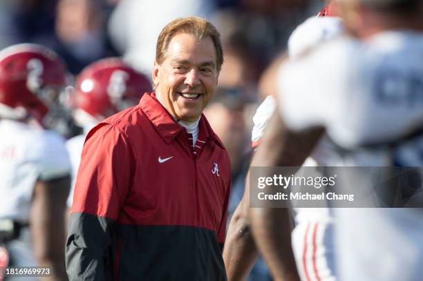 Head coach Nick Saban of the Alabama Crimson Tide prior to their game against the Auburn Tigers at Jordan-Hare Stadium on November 25, 2023 in...