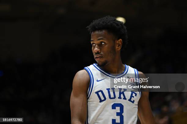 Jeremy Roach of the Duke Blue Devils looks on during the game against the Southern Indiana Screaming Eagles at Cameron Indoor Stadium on November 24,...