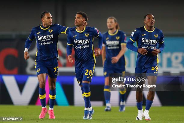 Cyril Ngonge of Verona celebrates his goal with Jordi Mboula during the Serie A TIM match between Hellas Verona FC and US Lecce at Stadio Marcantonio...