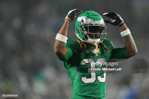 Bradley Roby of the Philadelphia Eagles reacts against the Buffalo Bills at Lincoln Financial Field on November 26, 2023 in Philadelphia,...