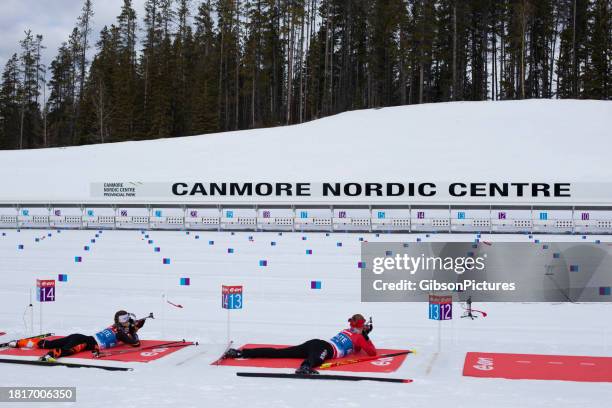 biathlon shooting range at the canmore nordic centre in alberta, canada - biathlon targets stock pictures, royalty-free photos & images