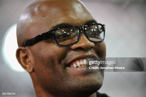 Mixed martial artist Anderson Silva of Brazil gestures during a Q&A session at UFC Gym on September 23, 2013 in Torrance, California.