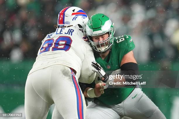 Jason Kelce of the Philadelphia Eagles blocks Tim Settle of the Buffalo Bills at Lincoln Financial Field on November 26, 2023 in Philadelphia,...