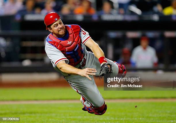 Erik Kratz of the Philadelphia Phillies in action against the New York Mets at Citi Field on August 27, 2013 in the Flushing neighborhood of the...