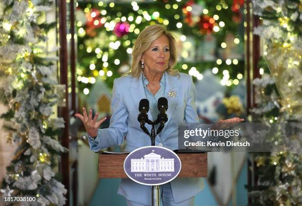 First lady Jill Biden speaks about the holiday season and unveils the White House holiday decor while thanking volunteers who helped set it up, at...