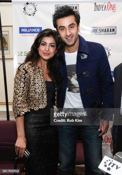 Actors Ranbir Kapoor and Pallavi Sharda attend the "Besharam" press conference celebrating 100 years of Indian Cinema at Consulate General Of India...