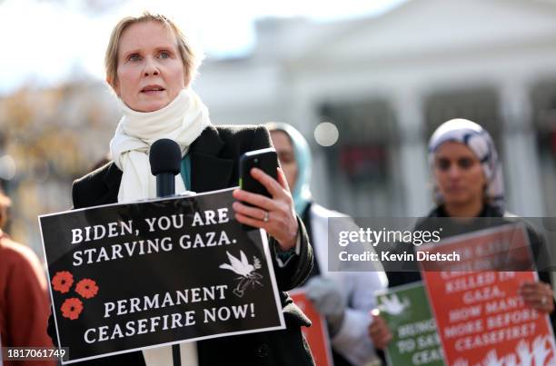 Actress Cynthia Nixon speaks as she announces a hunger strike calling for a ceasefire in Gaza outside the White House on November 27, 2023 in...