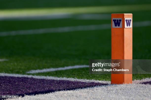 Pylon is seen during the game between the Washington Huskies and the Washington State Cougars at Husky Stadium on November 25, 2023 in Seattle,...