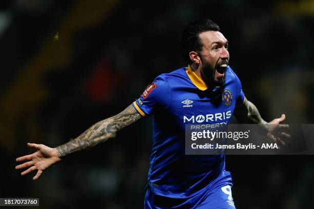 Ryan Bowman of Shrewsbury Town celebrates after scoring a goal to make it 1-3 during the Emirates FA Cup Second Round match between Notts County and...