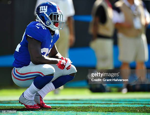 David Wilson of the New York Giants during play against the Carolina Panthers at Bank of America Stadium on September 22, 2013 in Charlotte, North...