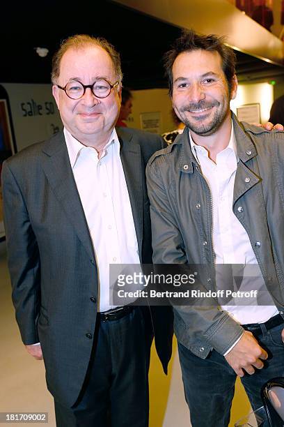 Screenwriter Jacques Santamaria and Regis Maillot attend 'L'Escalier De Fer' with Laurent Gerra : Private Screening in Paris on September 23, 2013 in...