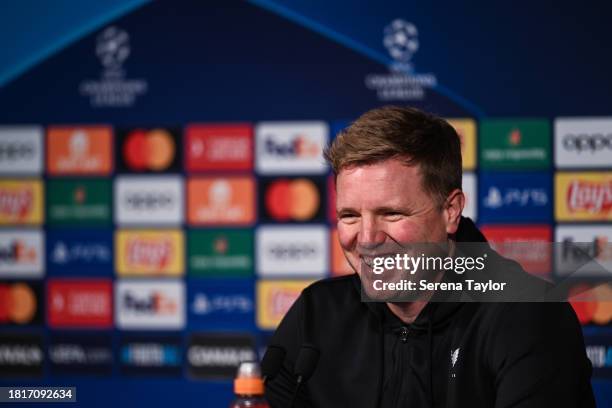 Newcastle United Head Coach Eddie Howe speaks to media during the Newcastle United Training and Press Conference for the UEFA Champions League at...