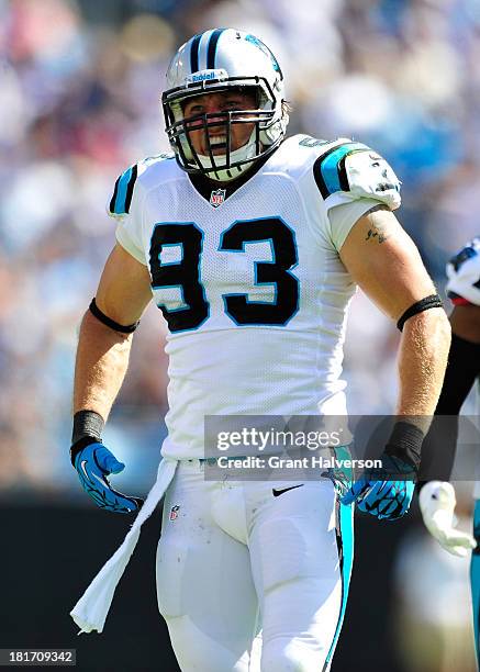 Chase Blackburn of the Carolina Panthers against the New York Giants during play at Bank of America Stadium on September 22, 2013 in Charlotte, North...