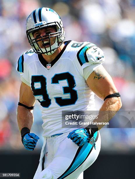 Chase Blackburn of the Carolina Panthers against the New York Giants during play at Bank of America Stadium on September 22, 2013 in Charlotte, North...