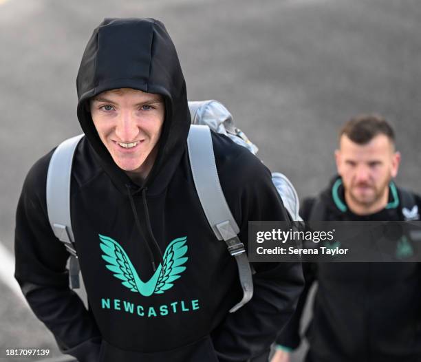 Anthony Gordon boarding the plane in Newcastle to head to the Newcastle United Training and Press Conference for the UEFA Champions League at Parc...