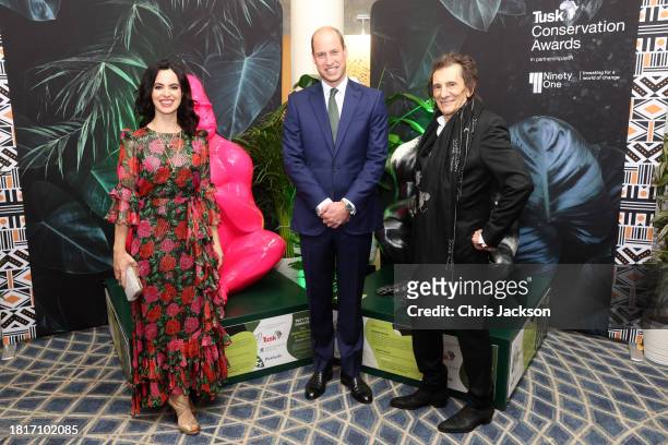 Sally Wood, Prince William, Prince of Wales and Ronnie Wood attend the 2023 Tusk Conservation Awards at The Savoy Hotel on November 27, 2023 in...