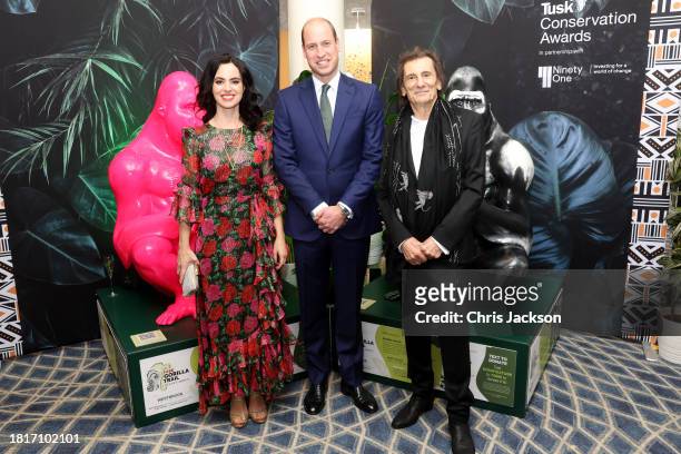 Sally Wood, Prince William, Prince of Wales and Ronnie Wood attend the 2023 Tusk Conservation Awards at The Savoy Hotel on November 27, 2023 in...