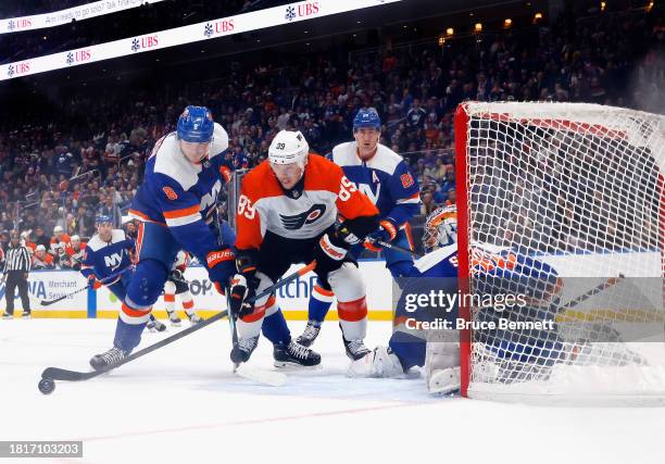 Cam Atkinson of the Philadelphia Flyers skates against the New York Islanders at UBS Arena on November 25, 2023 in Elmont, New York.