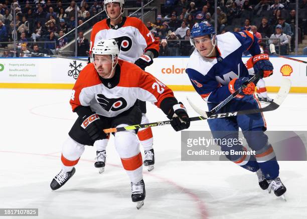 Nick Seeler of the Philadelphia Flyers skates against the New York Islanders at UBS Arena on November 25, 2023 in Elmont, New York.
